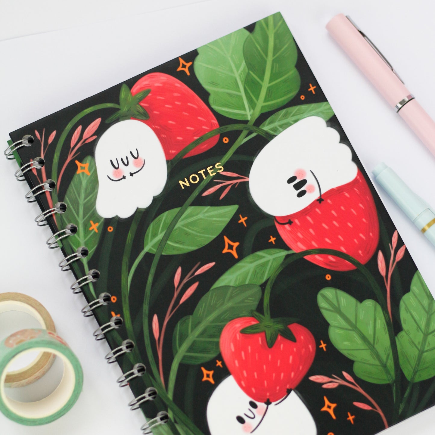 Ghosty & Strawberry Spiral notebook - Cute summer notebook