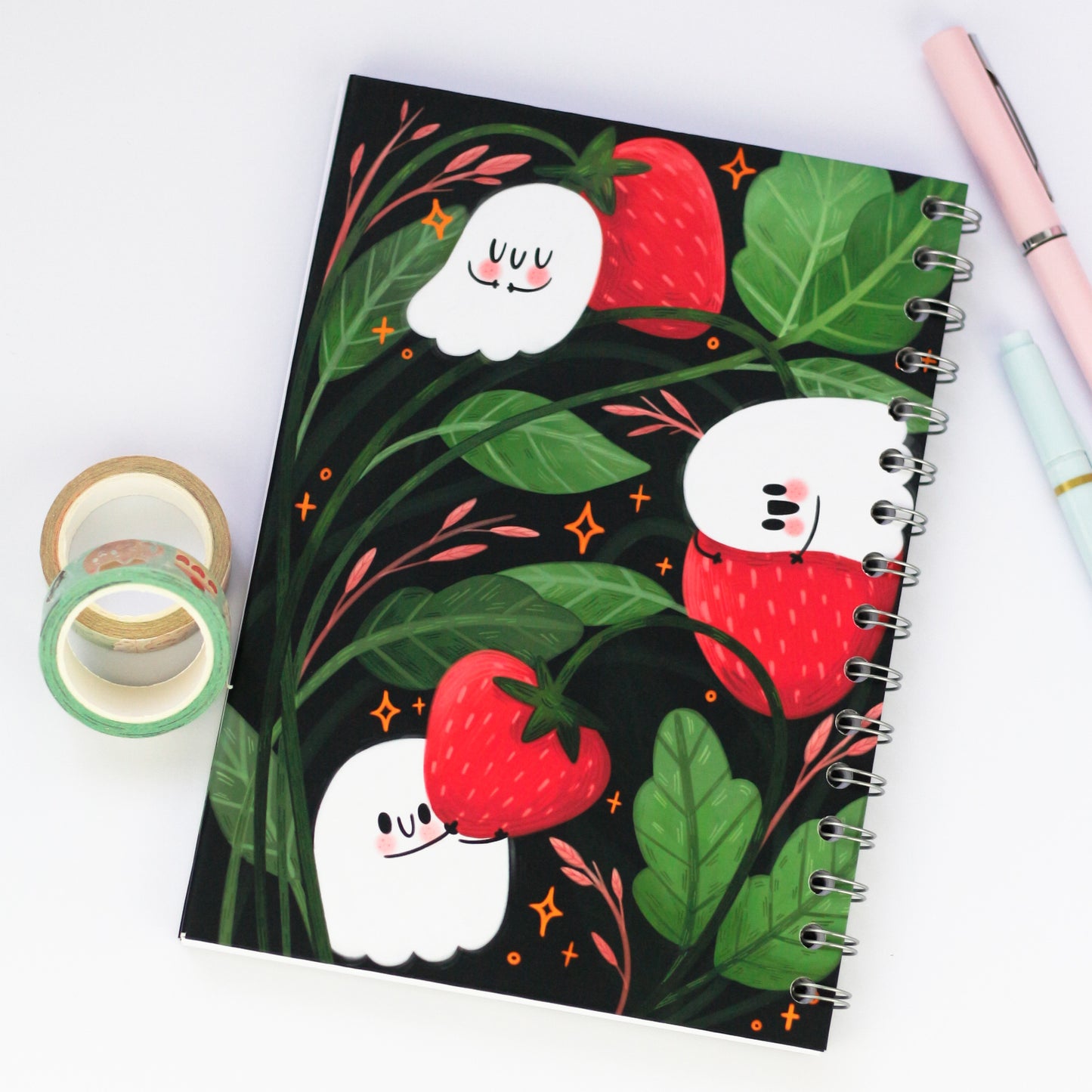 Ghosty & Strawberry Spiral notebook - Cute summer notebook