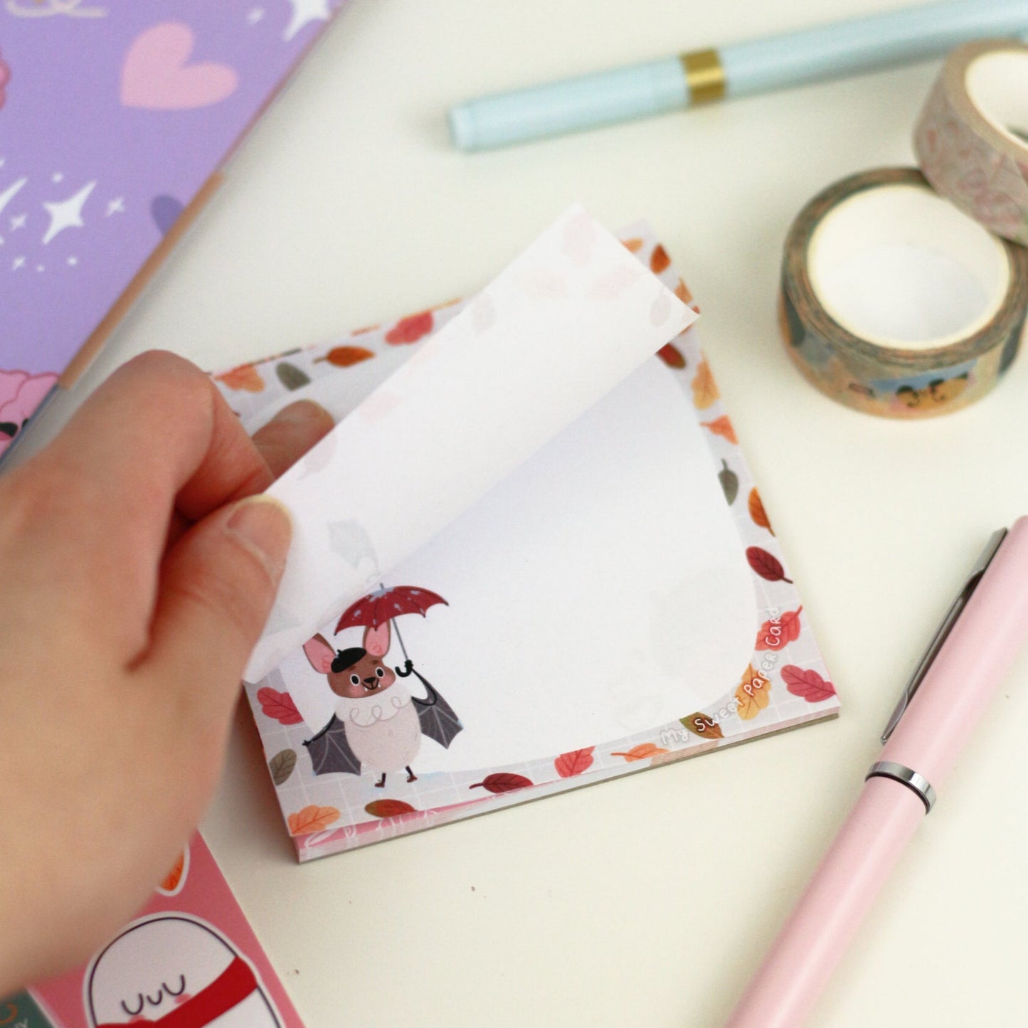 Batsy in the rain - Cute bat notepad