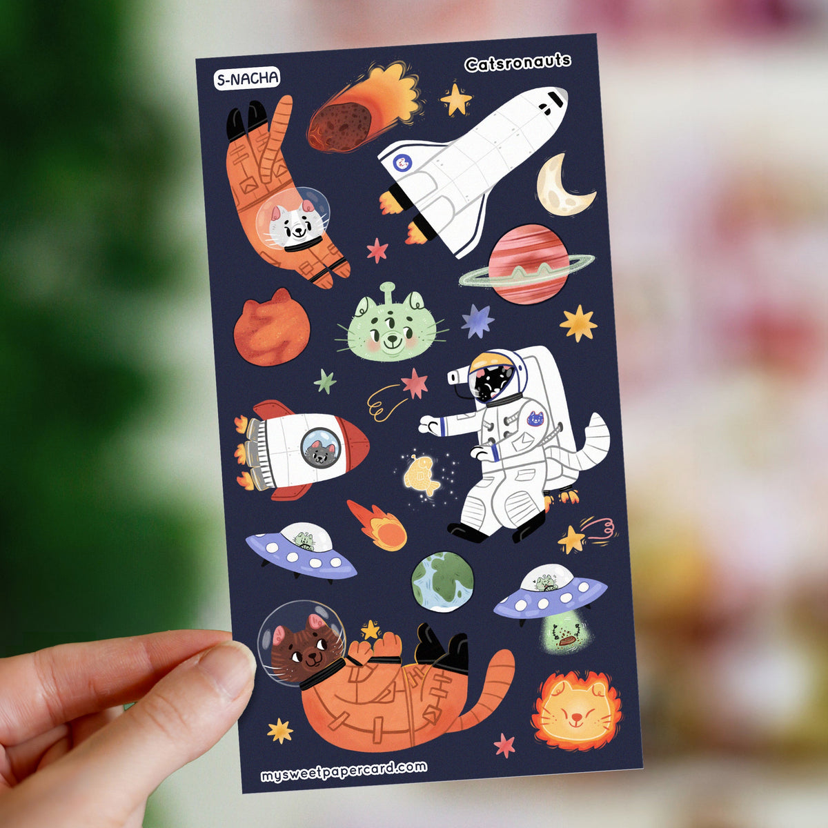Chats dans l'espace - planche de stickers été