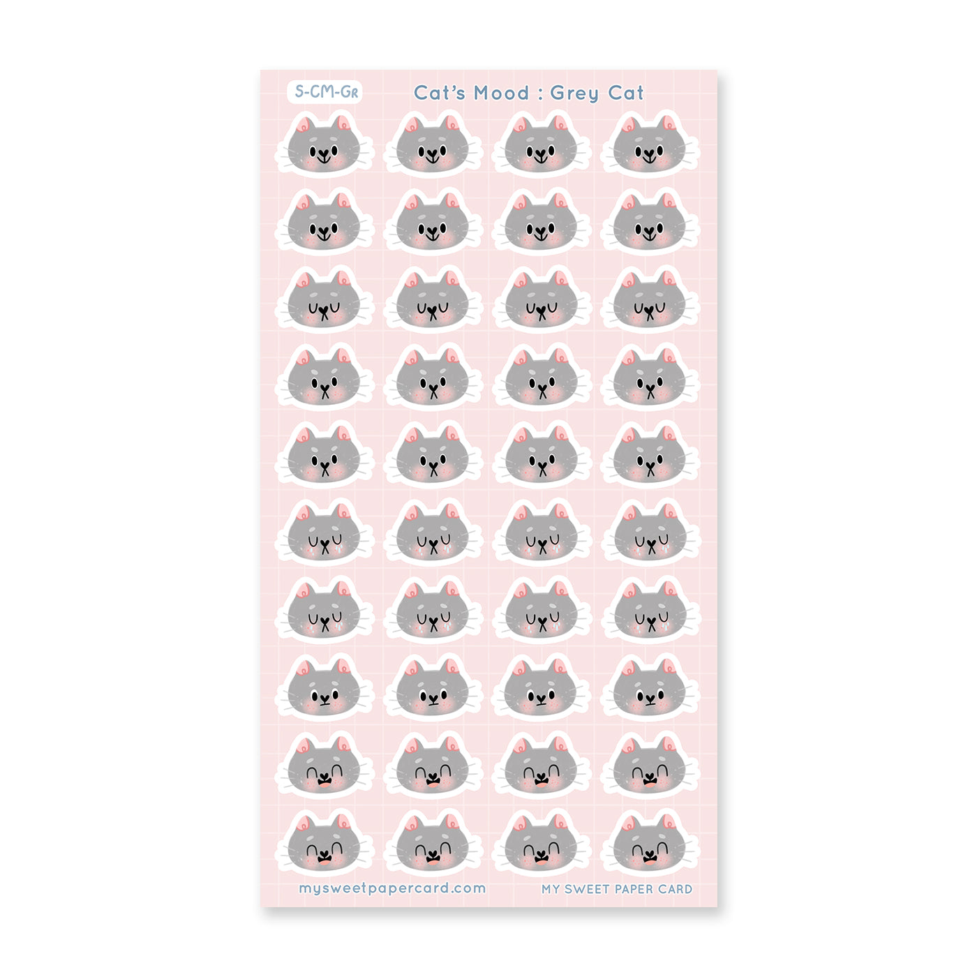 grey cat stickers sheet with different moods