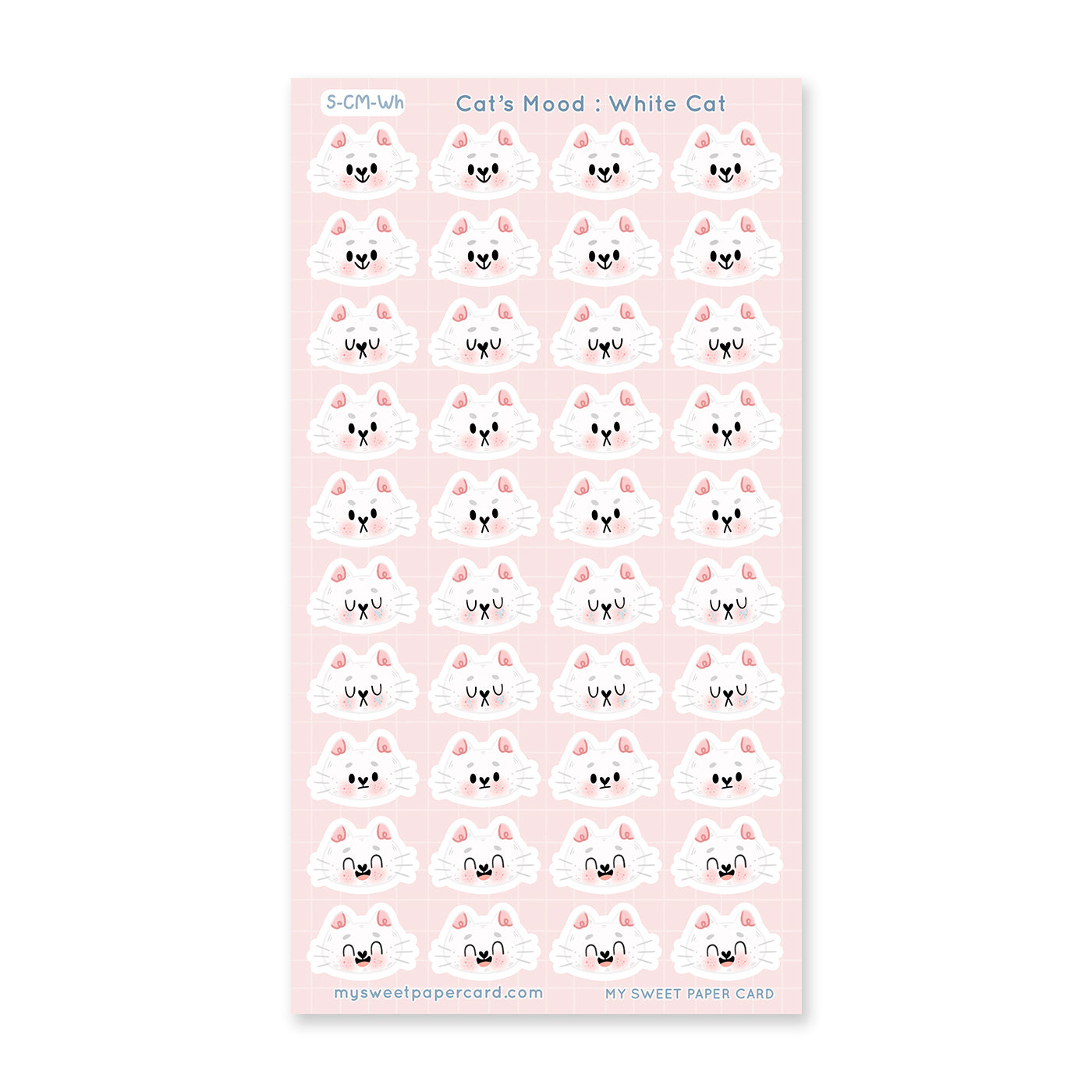 white cat stickers sheet with different moods