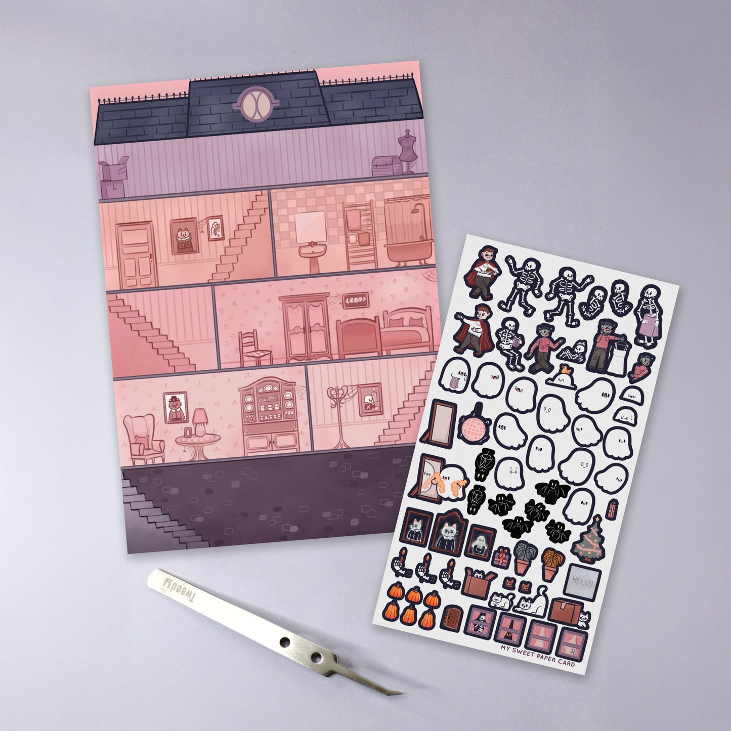 Paper dollhouse - Ghosty's house is haunted - removable stickers & print