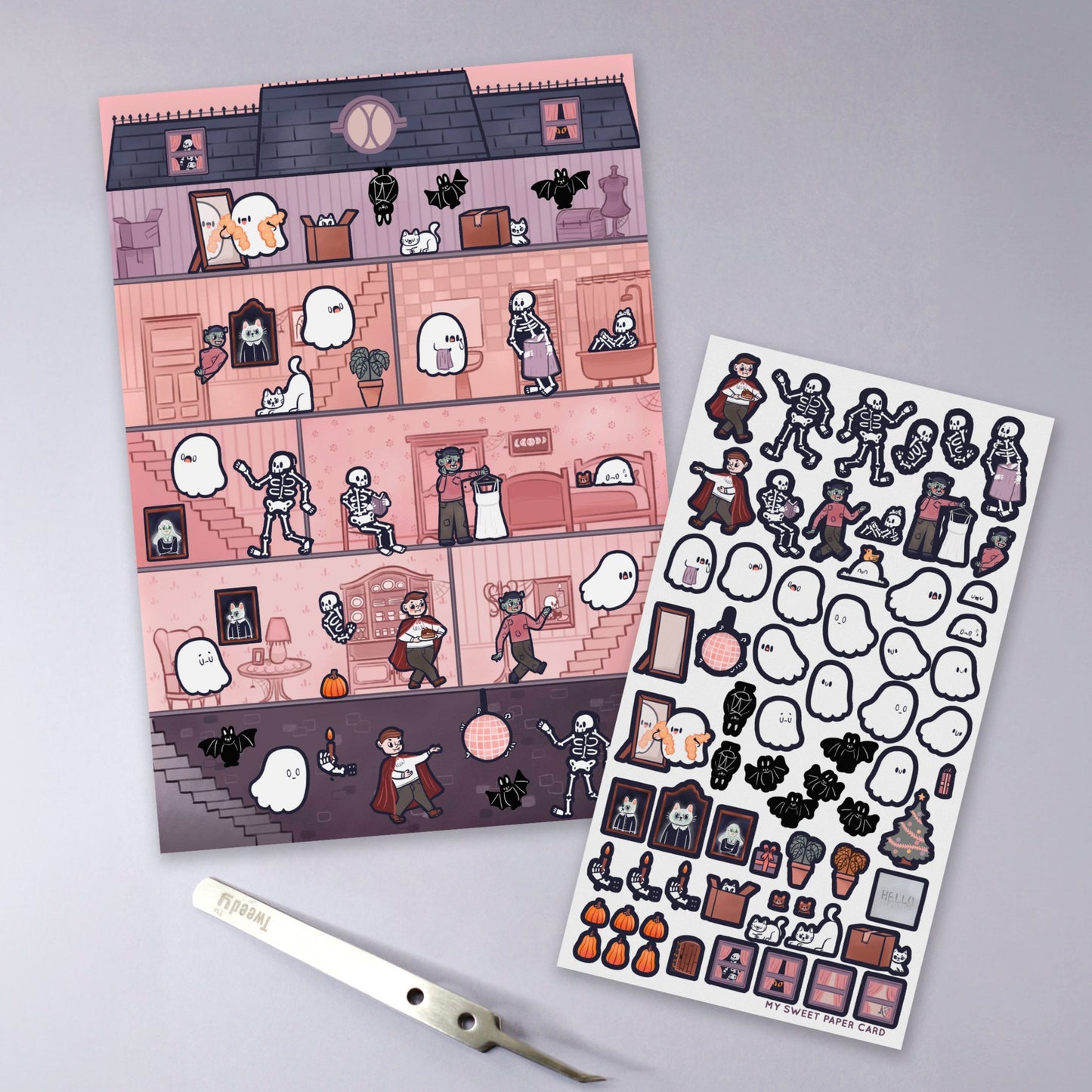 Paper dollhouse - Ghosty's house is haunted - removable stickers & print