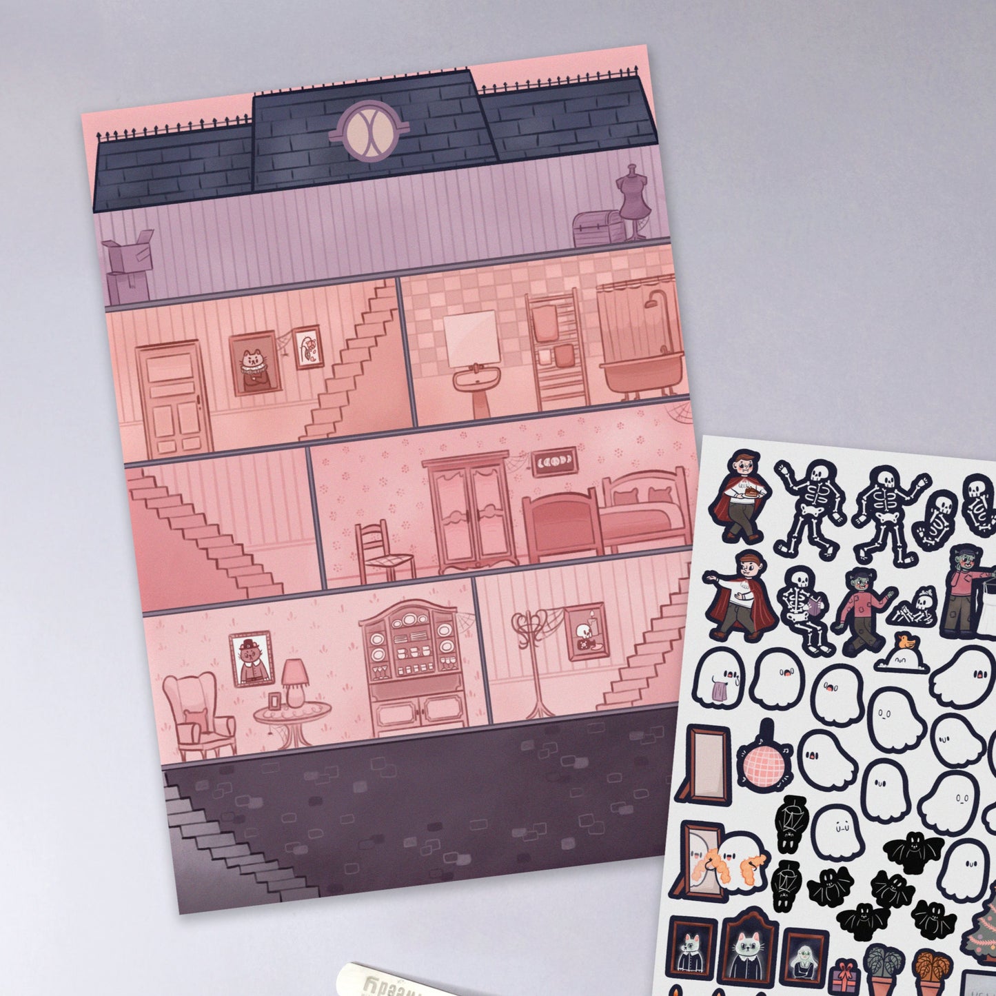 Paper dollhouse - Ghosty's house is haunted - removable stickers & print