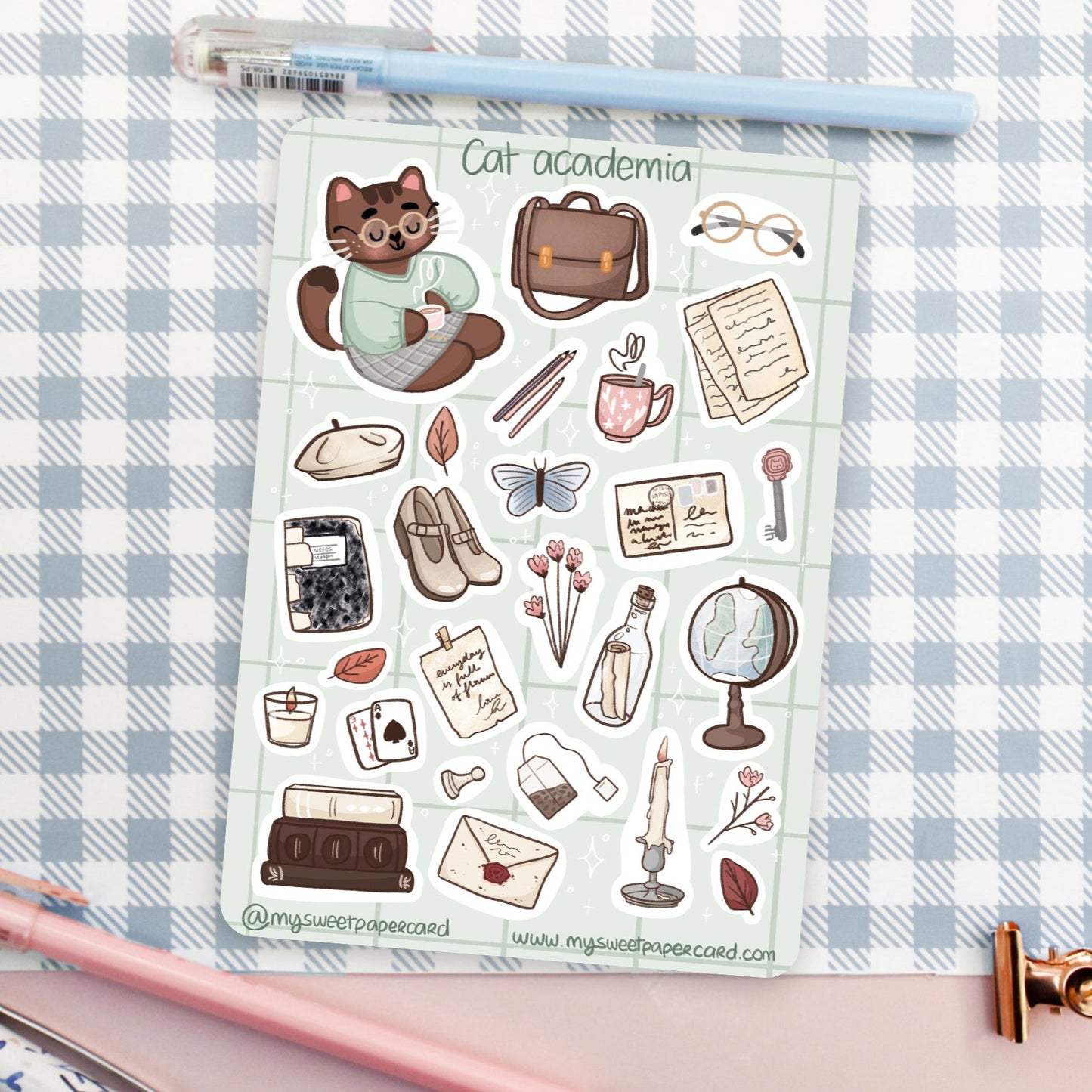 dark academia stickers with cute cat book letters candle