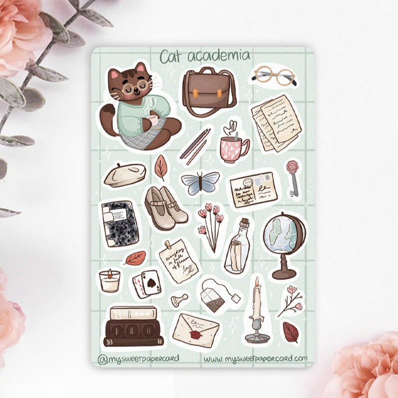 cat stickers sheet with a dark academia theme