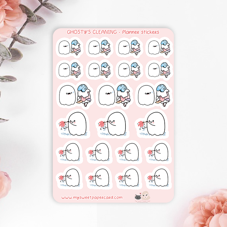 cleaning day stickers sheet with ghost doing laundry and cleaning