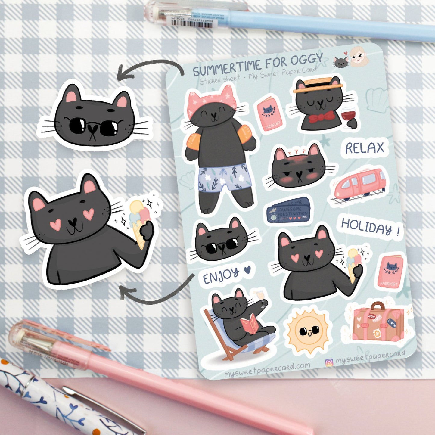 grey cat summer stickers