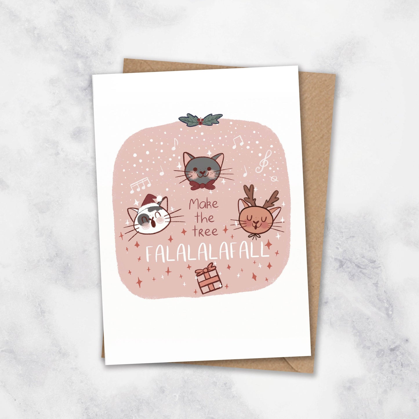 cat christmas card make the tree falalalafall