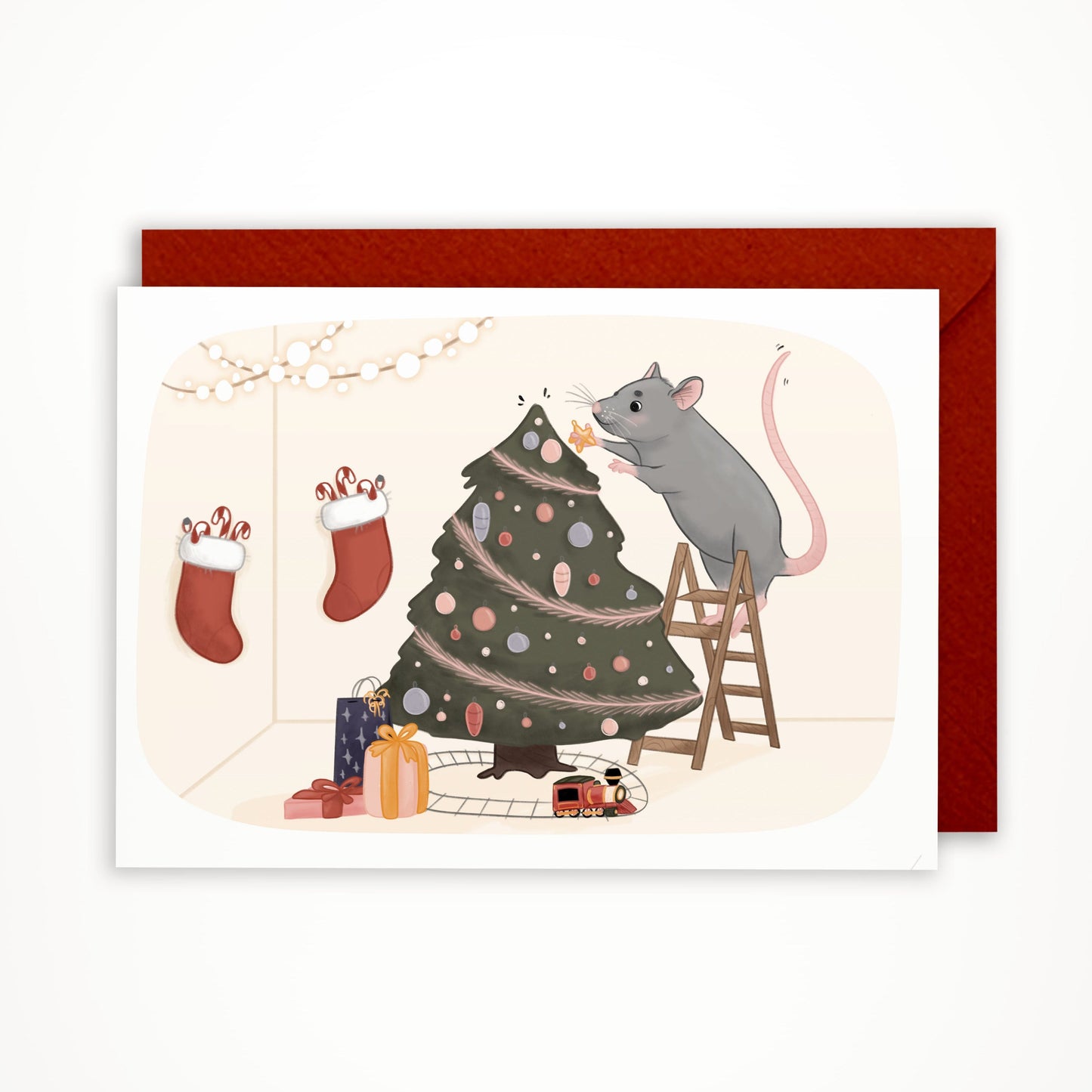 greeting card with a cute little mouse decorating the christmas tree
