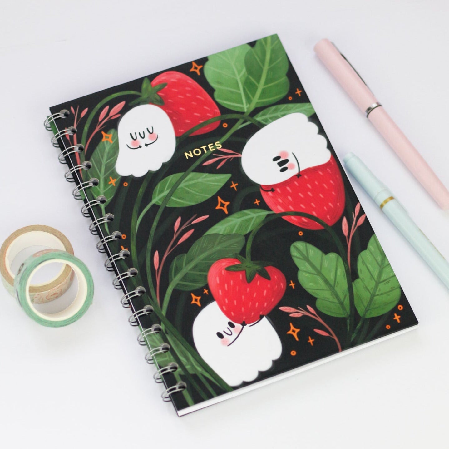 Ghosty & Strawberry Spiral notebook - Cute summer notebook