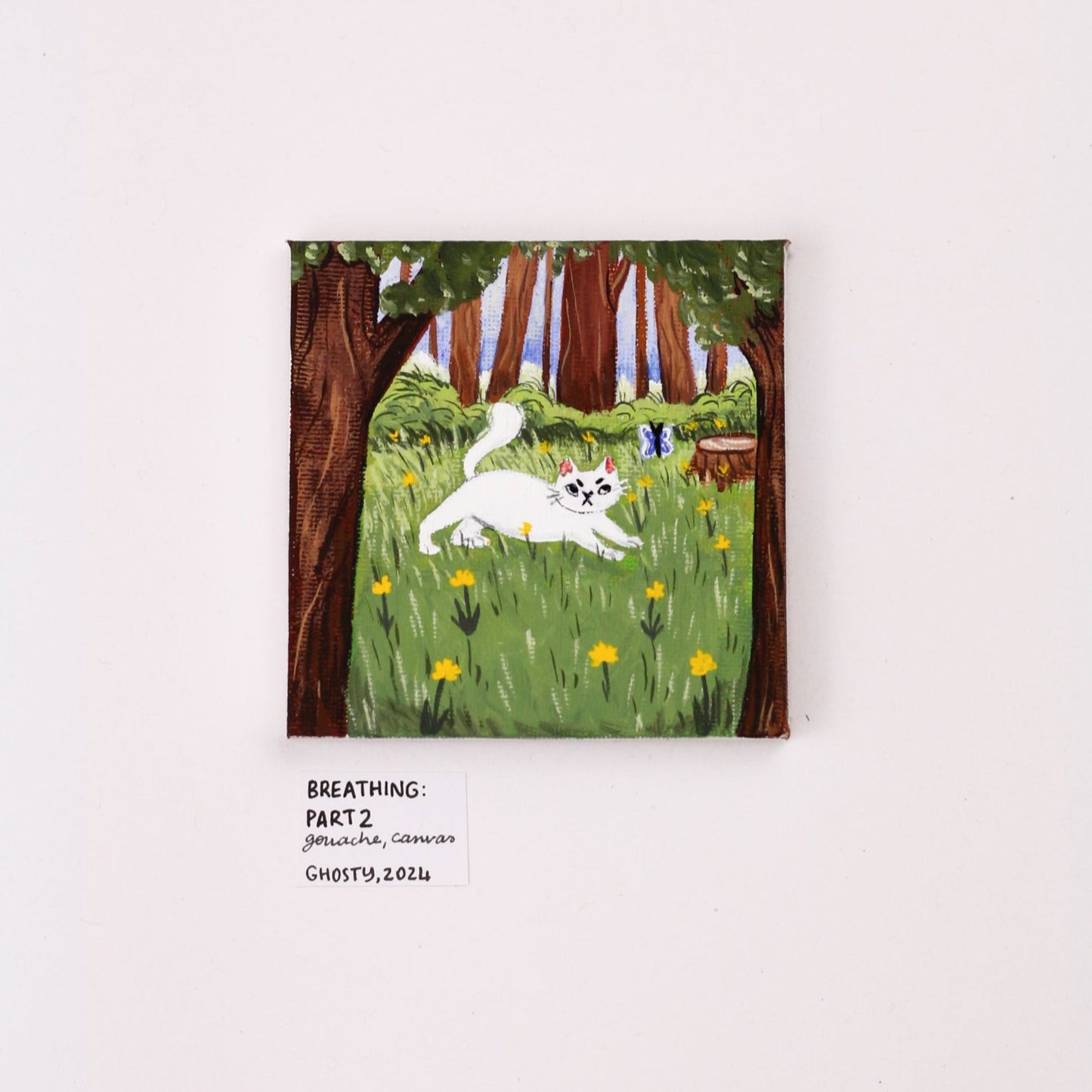 cat lovers gift tiny painting of white cat in a forest