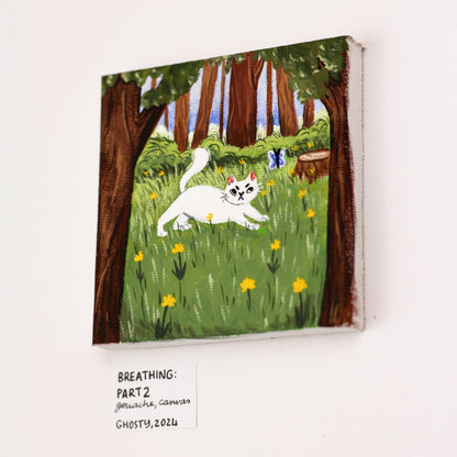 miniature painting of cat plating in the forest