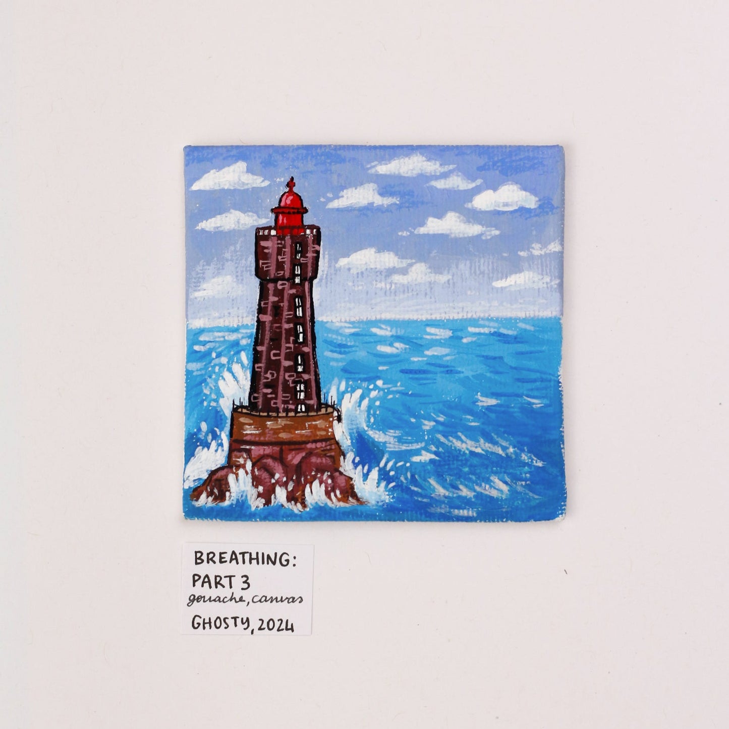 tiny gouache painting seaview lighthouse in the middle of the sea