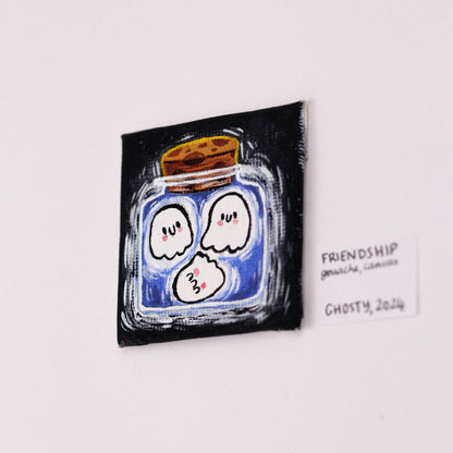 mini gouache painting of 3 little ghosts in a jar