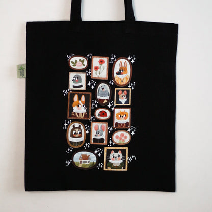 eco friendly tote bag with tiny frames of animals wearing ruffled collars, flowers, cottagecore