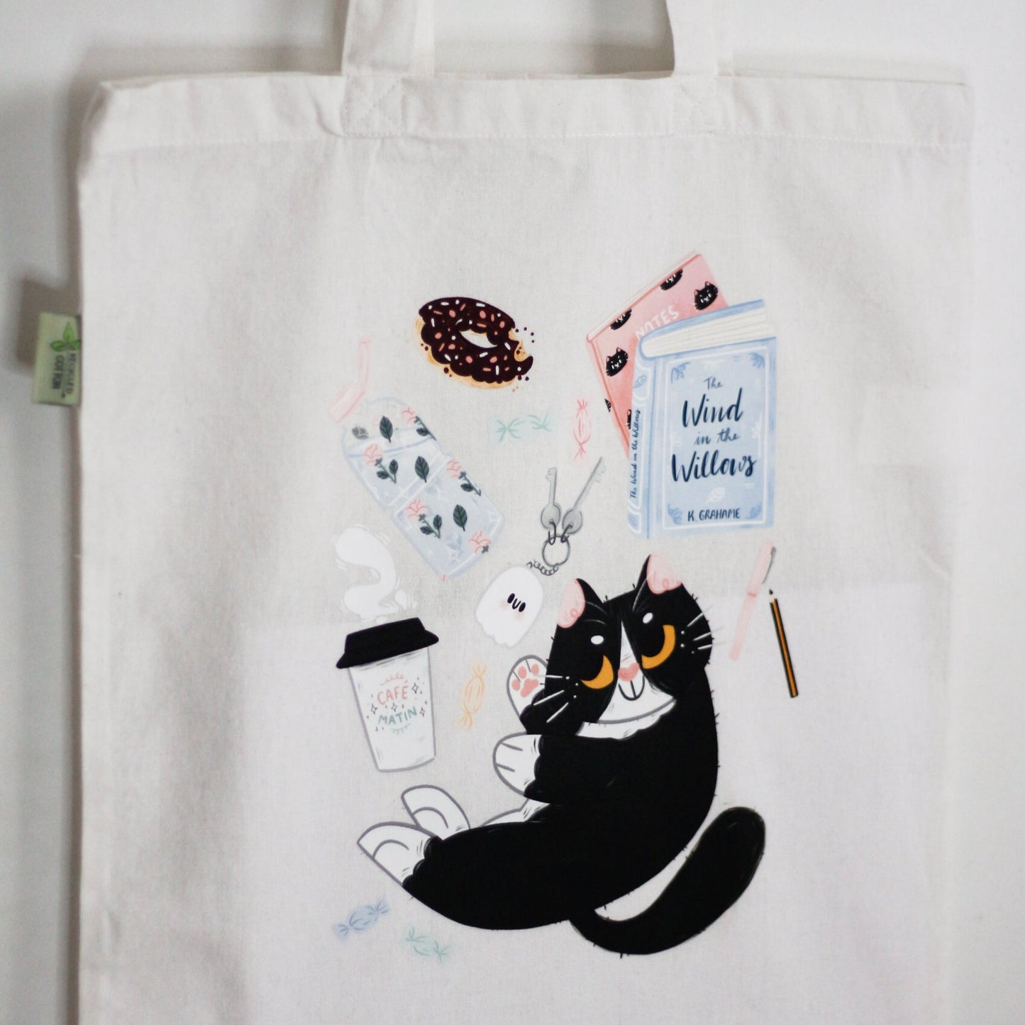 bookish tote bag with cat coffee and book