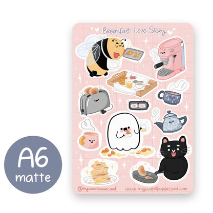 planner stickers with kawaii toaster coffee machine cat ghost and bee making breakfast