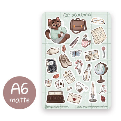 light academia stickers with cat reading, notebook, books, candle and more