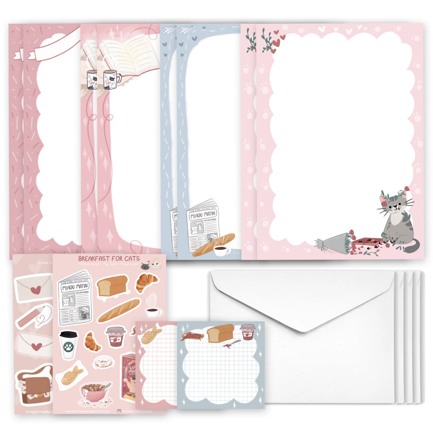 stationery kit containing writing papers, cat stickers, notes and envelopes