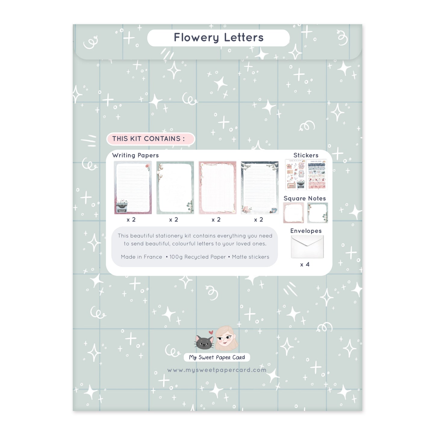 cute stationery set containing writing papers, stickers, square notes and envelopes