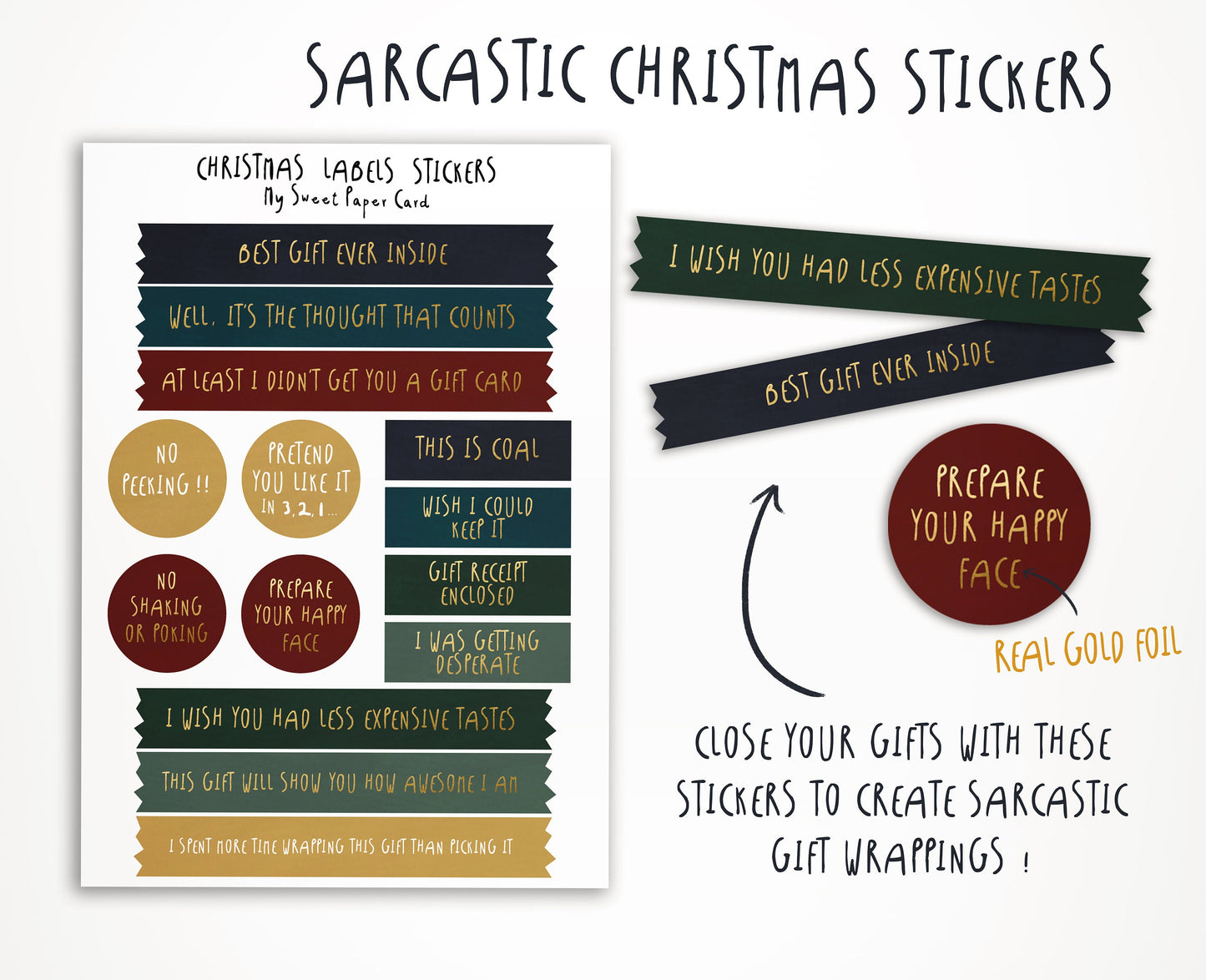FIN DE SERIE - Étiquettes autocollantes de Noël amusantes - Autocollants sarcastiques pour créer des emballages cadeaux amusants