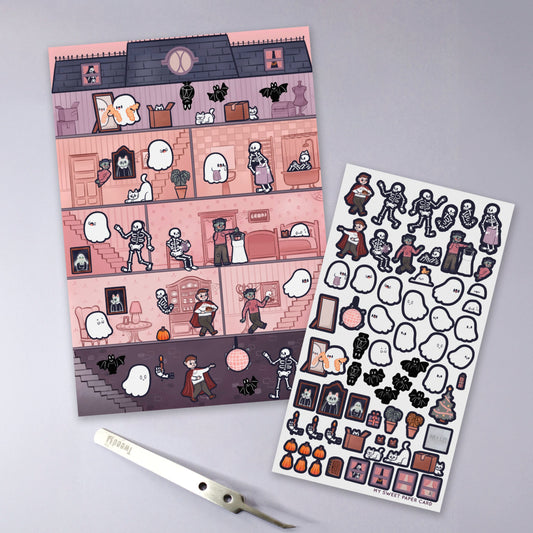 Paper dollhouse - Ghosty's house is haunted - removable stickers & print
