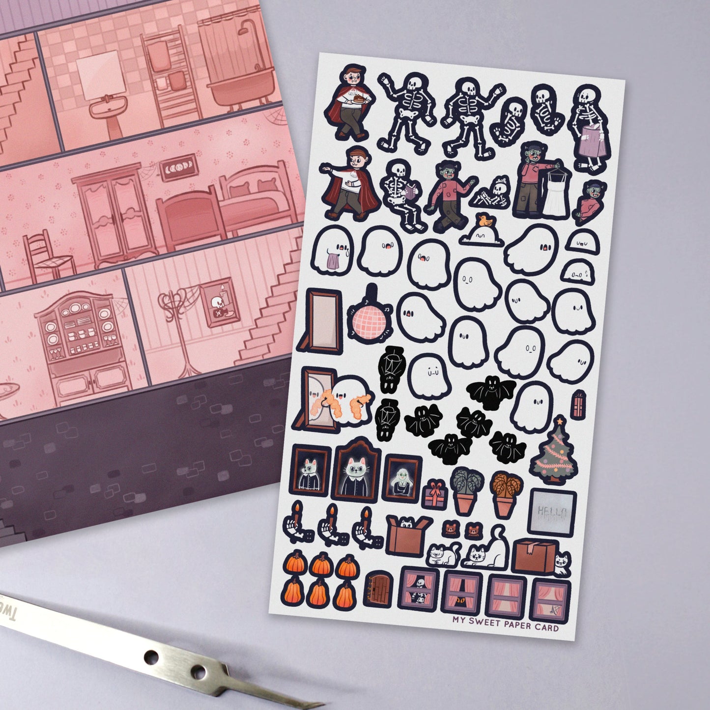 Paper dollhouse - Ghosty's house is haunted - removable stickers & print