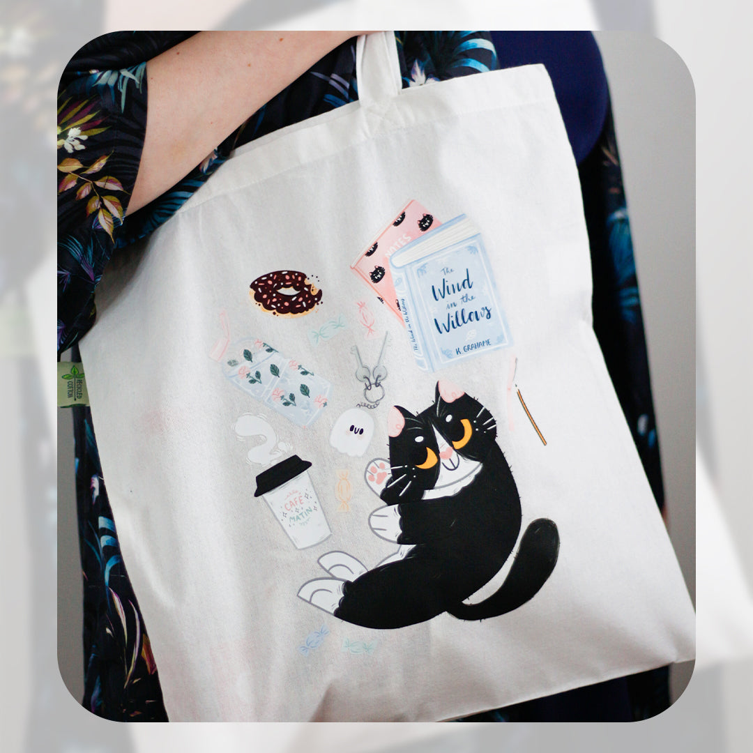 eco friendly tote bag for cat lovers and book lovers