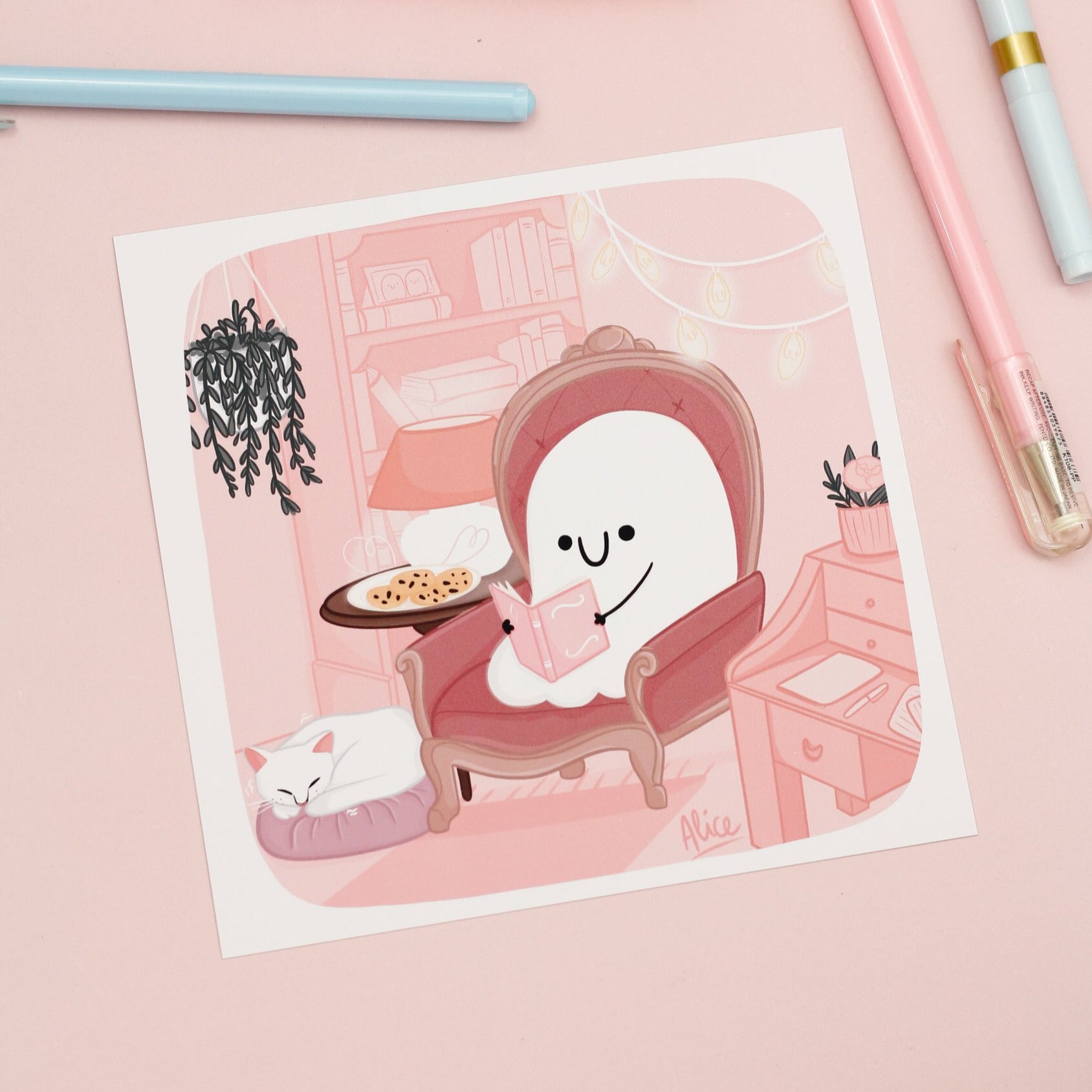 cute print of a ghost reading in his cosy living room