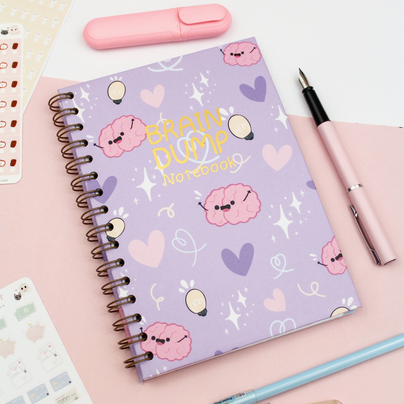 kawaii notebook with purple covers and cute brains