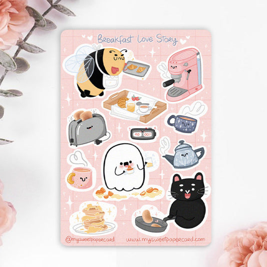 breakfast stickers sheet with adorable cat, ghost and bee preparing breakfast