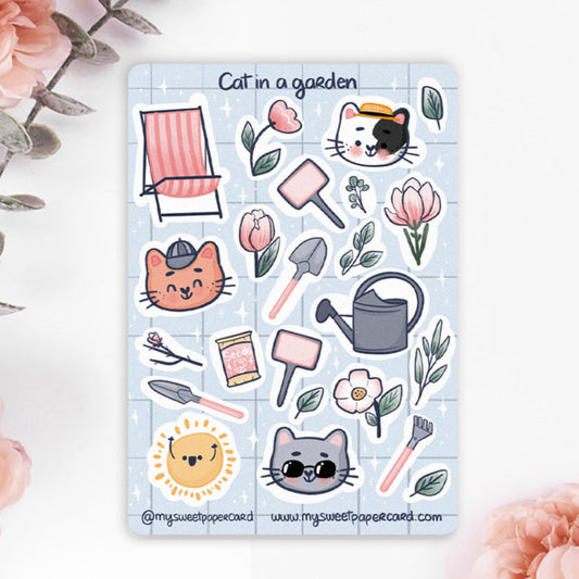 cat stickers sheet with pastel flowers and gardeing tools