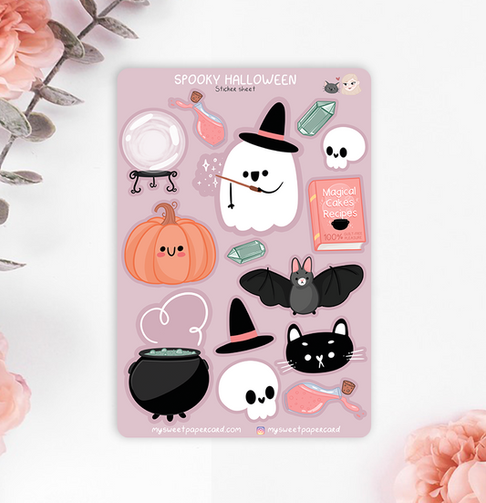 cute halloween stickers with ghost bat cat cauldron and more