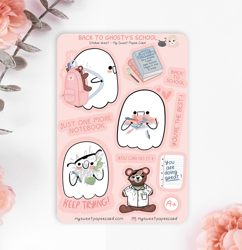 cute back to school stickers sheet with a cute ghost going to school