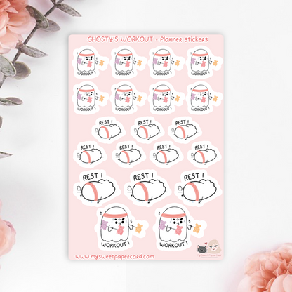 workout stickers sheet with a cute ghost working out and resting
