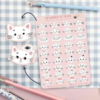 white cat stickers for mood tracking in your bullet journal or planner