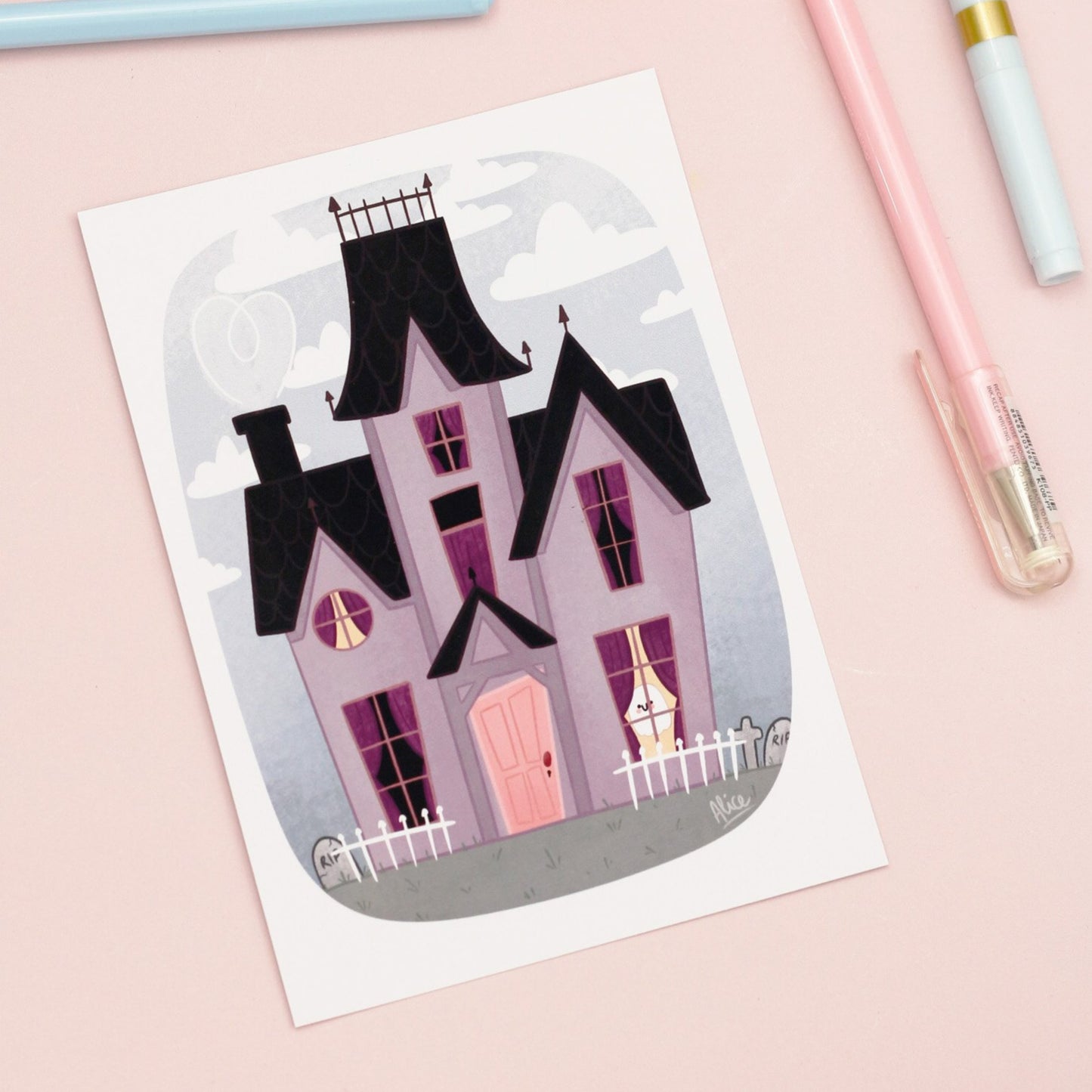 cute haunted house art print ghosty house