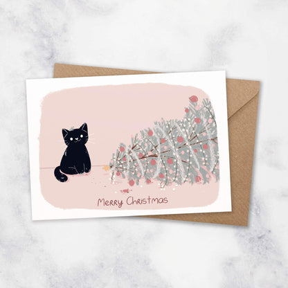 cute black cat christmas cards fallen christmas tree